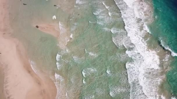 Windusrfers in Sotavento beach, Fuerteventura. Aerial View, Canary Islands — Stock Video