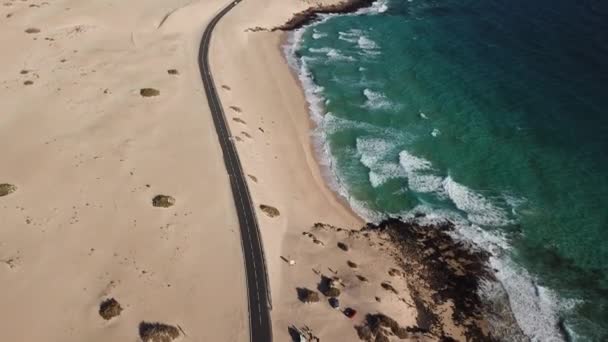 Πετώντας πάνω από Corralejo αμμόλοφους, ωκεανός και γραφικό δρόμο. Κανάριοι Νήσοι — Αρχείο Βίντεο