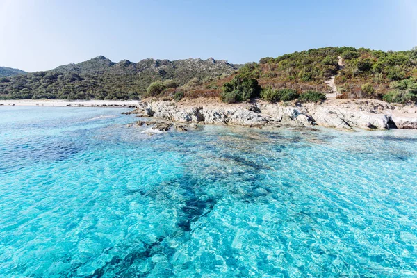 Lotus beach, Cape Corse, Korsika, Ranska. Turkoosi vesi ja luonnonvarainen rannikko — kuvapankkivalokuva