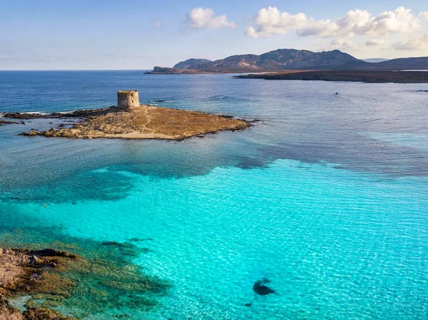 Stintino, turkoosi merivesi, rantaviiva ja torni. Sardinia, Italia — kuvapankkivalokuva