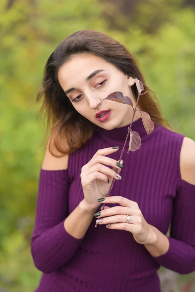 Chica Vestido Lila Naturaleza Otoño Retrato Una Hermosa Niña Otoño — Foto de Stock