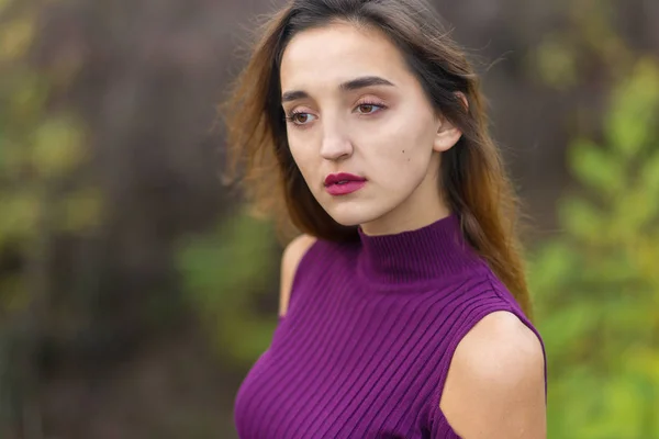 Chica Vestido Lila Naturaleza Otoño Retrato Una Hermosa Niña Otoño —  Fotos de Stock