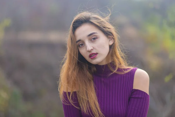 Mädchen Fliederfarbenem Kleid Über Die Natur Herbst Porträt Eines Schönen — Stockfoto