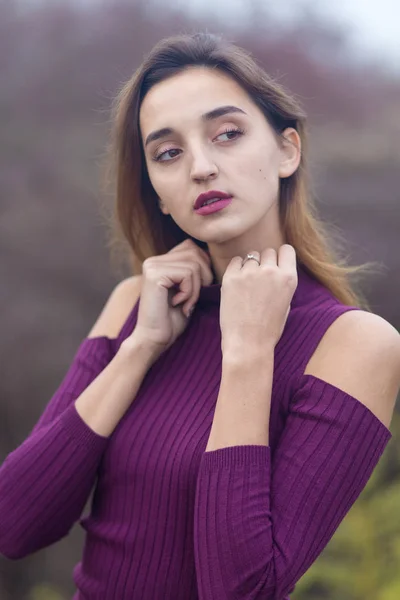 Mädchen Fliederfarbenem Kleid Über Die Natur Herbst Porträt Eines Schönen — Stockfoto