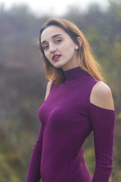 Chica Vestido Lila Naturaleza Otoño Retrato Una Hermosa Niña Otoño — Foto de Stock