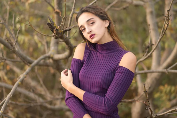 Menina Vestido Lilás Natureza Outono Retrato Uma Menina Bonita Outono — Fotografia de Stock