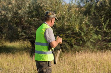 Bir Alman drathaar ve İspanyol, köpeklerle ava güvercin ile avcılar