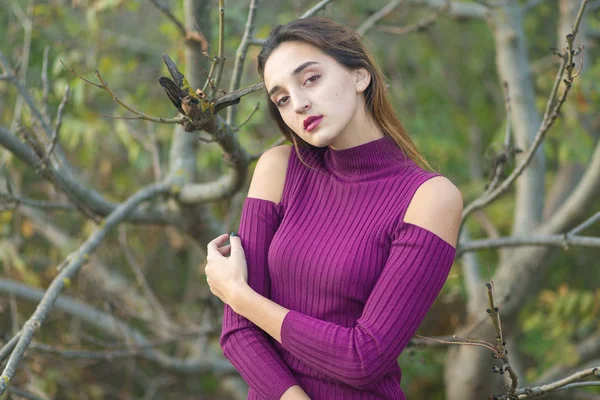 Flicka Lila Klänning Naturen Höst Vacker Sexig Porträtt — Stockfoto
