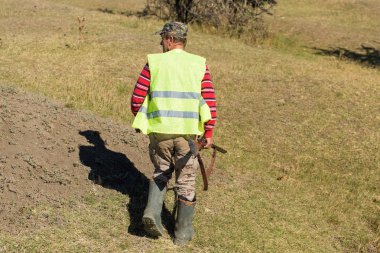 Alman bir drathaar ve spanyel ile avcılar, yansıtıcı yelek giymiş köpeklerle güvercin avlıyorlar.
