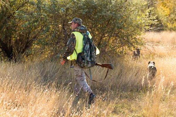 头戴德国斗牛犬和猎犬的猎人 头戴反光背心的猎鸽犬 — 图库照片