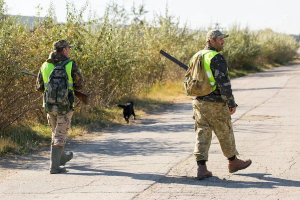 Alman Bir Drathaar Spanyel Ile Avcılar Yansıtıcı Yelek Giymiş Köpeklerle — Stok fotoğraf