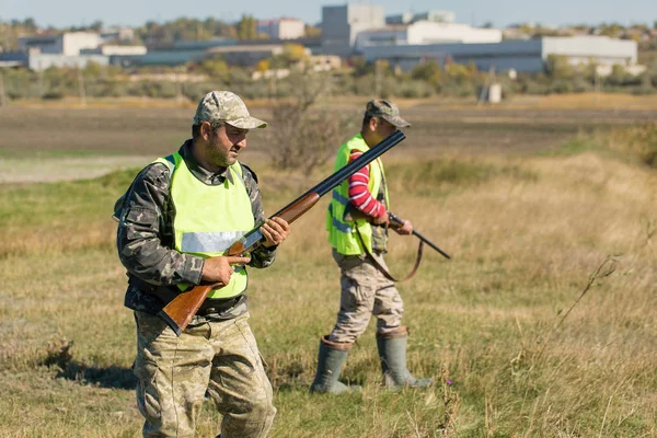 Jägare Med Tysk Drathaar Och Spaniel Duvjakt Med Hundar Reflekterande — Stockfoto