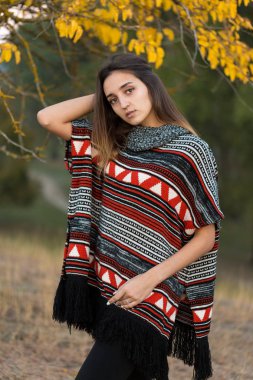 Etnik süveter giyen bir kızın sonbahar portresi