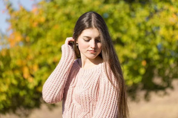 Retrato Mulher Muito Jovem Camisola Malha Elegante Floresta Dourada Outono — Fotografia de Stock