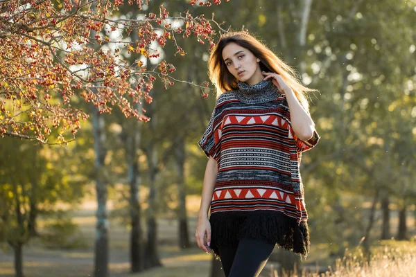 Herbstporträt Eines Mädchens Ethnischen Pullover — Stockfoto