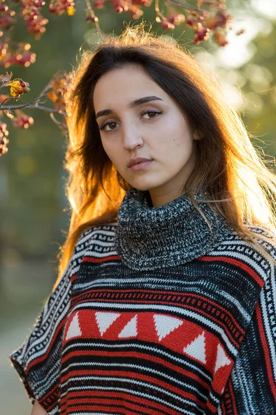 Retrato Outono Uma Menina Suéter Étnico — Fotografia de Stock