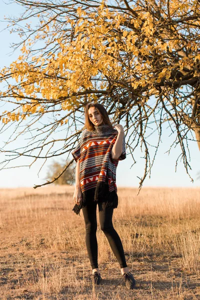 Herbstporträt Eines Mädchens Ethnischen Pullover — Stockfoto