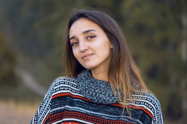 Retrato Outono Uma Menina Suéter Étnico — Fotografia de Stock