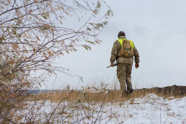 Jägare Med Tysk Drathaar Och Spaniel Duvjakt Med Hundar Reflekterande — Stockfoto