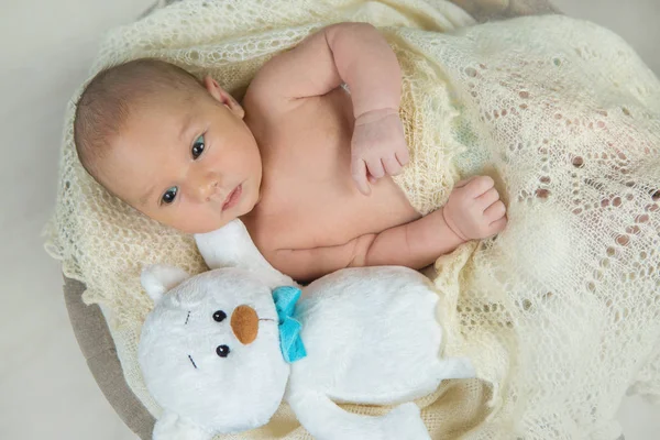 Cute Baby Boy Teddy Bear Bed — Stock Photo, Image