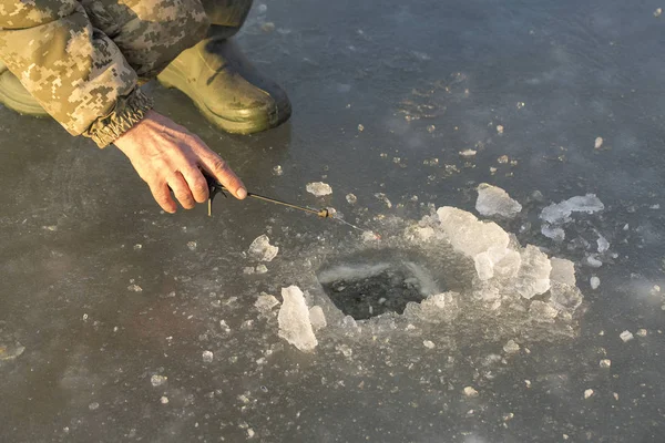 Tipo Pesca Invierno Agujero Atrapa Pequeño Poste Pesca Primer Plano — Foto de Stock