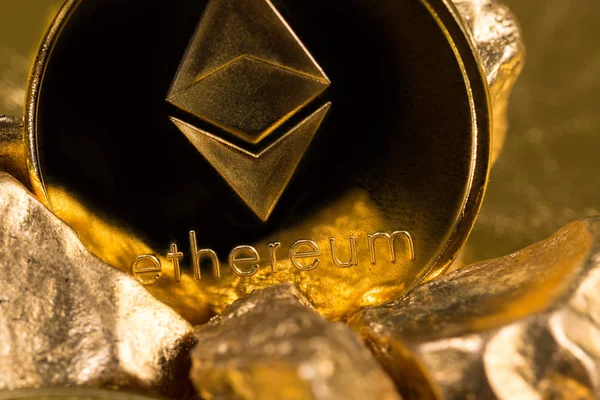 Cryptocurrency Golden Coins Bitcoin Ethereum Litecoin Background Gold Nuggets Virtual — Stock Photo, Image