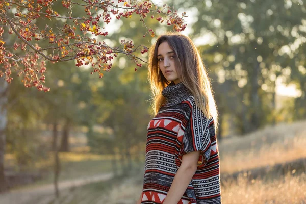 Herbstporträt Eines Mädchens Ethnischen Pullover — Stockfoto