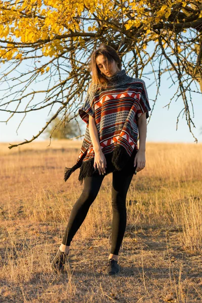 Retrato Otoño Una Chica Jersey Étnico — Foto de Stock