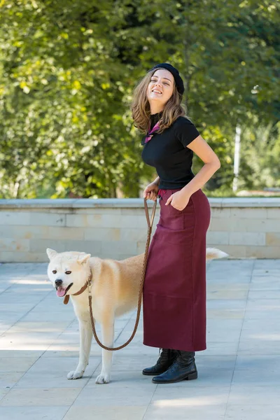 Fashionable French Woman Big White Dog Park — Stock Photo, Image