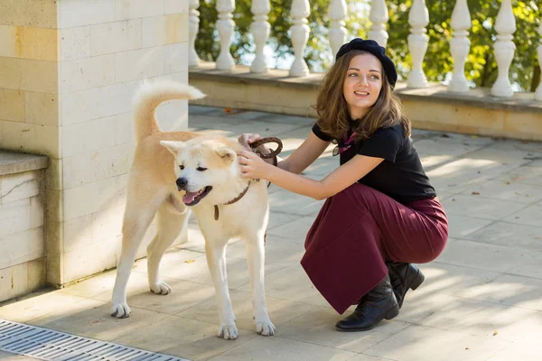 Fashionable French Woman Big White Dog Park — Stock Photo, Image