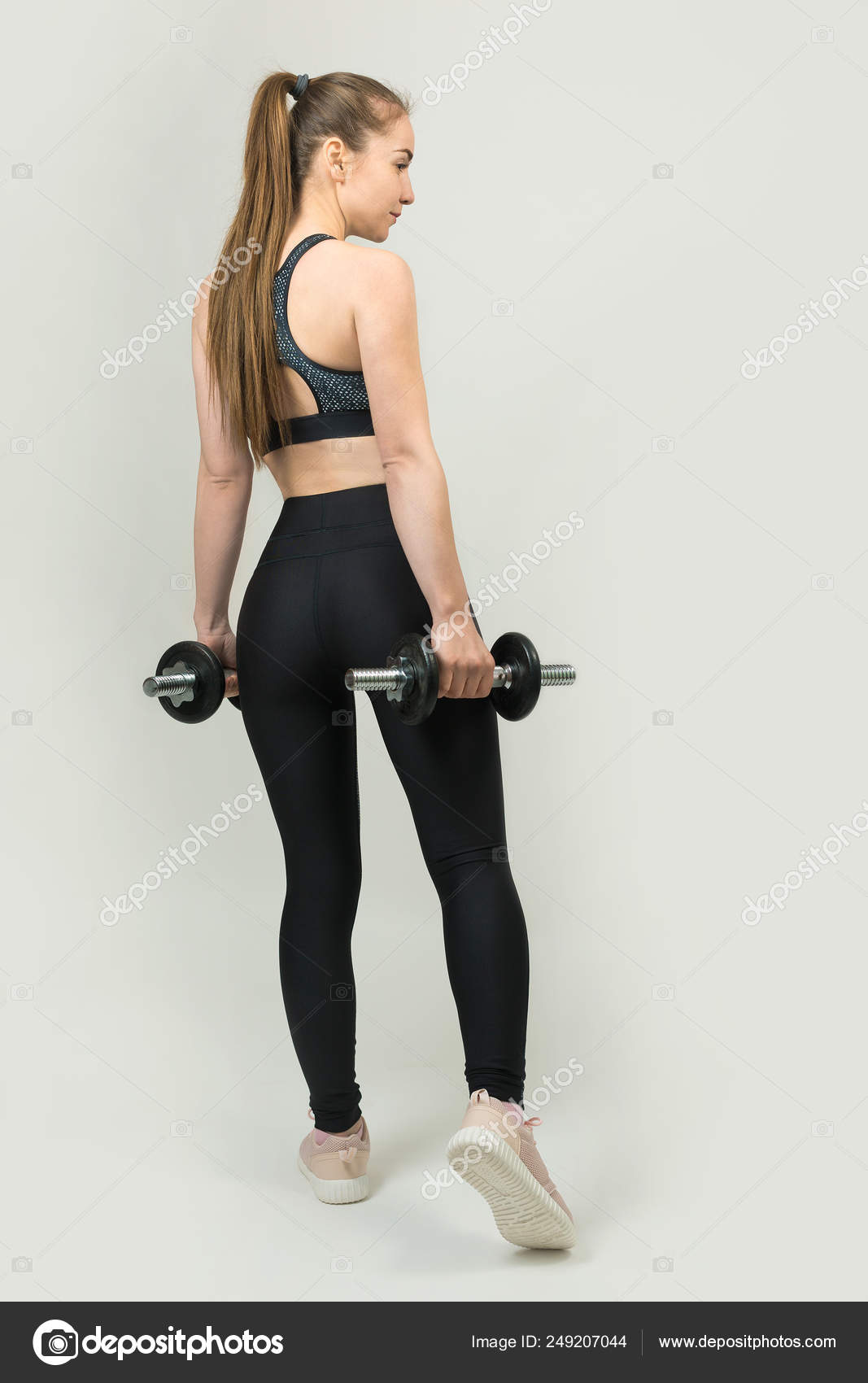 Slim Fit Fitness Girl Performs Set Exercises White Background Girl