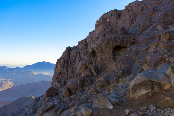 Amazing Sunrise at Sinai Mountain, Beautiful dawn in Egypt, Beautiful view from the mountain. Panorama.