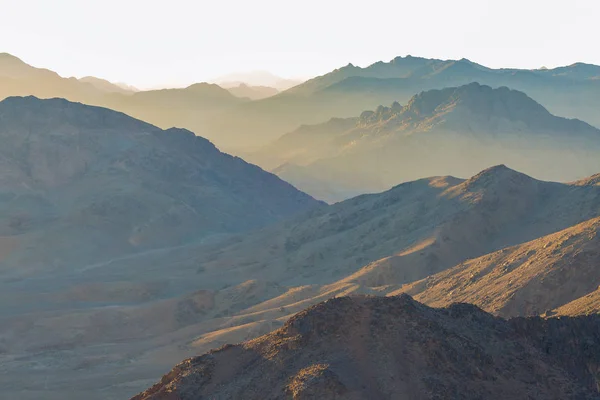 Mountain Range Visible Silhouettes Morning Colorful Fog Amazing Panorama Sinai — Stock Photo, Image