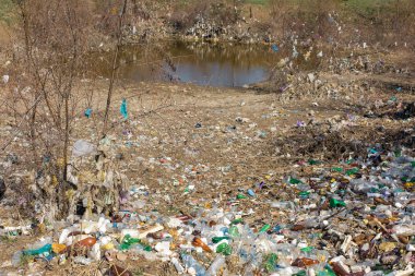 Çöp sahasında plastik torbalar ve şişeler. İzinsiz çöp salınımı, doğanın kirliliği. Çevre felaketi kavramı.
