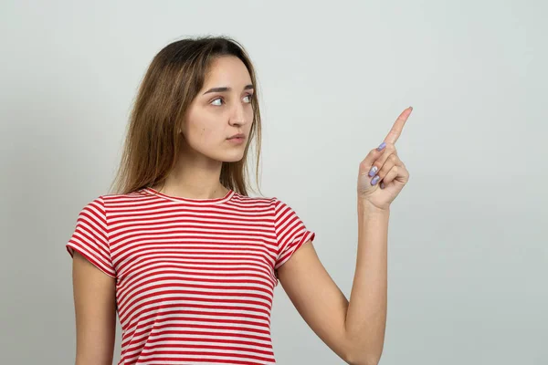 Young Caucasian Girl Pointing Finger White Background — 스톡 사진