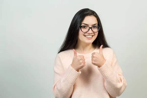 Young Caucasian Girl Glasses Showing Thumbs Gesture White Background — 스톡 사진