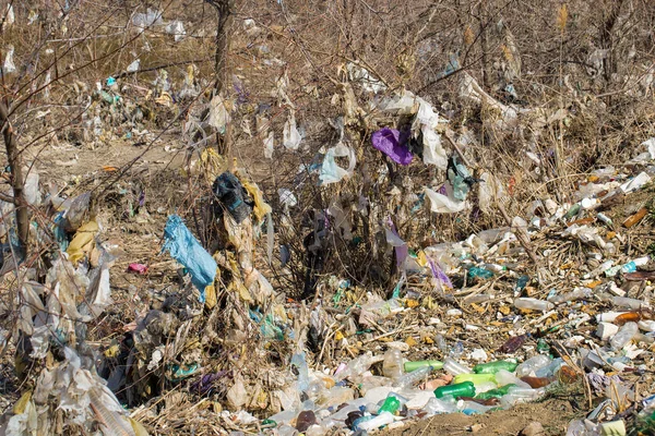 Çöp Sahasında Plastik Torbalar Şişeler Zinsiz Çöp Salınımı Doğanın Kirliliği — Stok fotoğraf