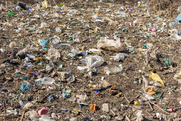 Çöp sahasında plastik torbalar ve şişeler. İzinsiz çöp salınımı, doğanın kirliliği. Çevre felaketi kavramı.