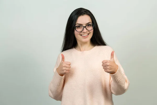 Smiling Beautiful Young Caucasian Woman Wear Glsses Showing Thumbs White — 스톡 사진