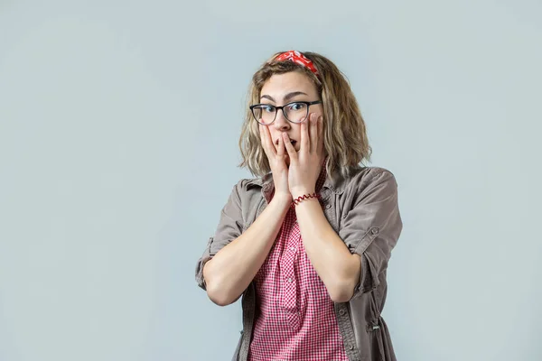 Beautiful Young Blonde Caucasian Girl Wear Glasses White Background — 스톡 사진