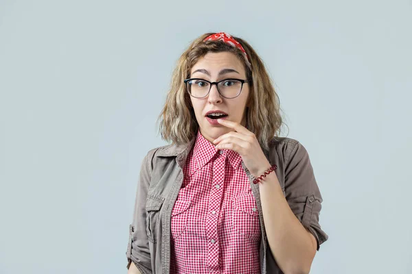 Scared Beautiful Young Blonde Caucasian Girl Wear Glasses White Background — Stock Photo, Image