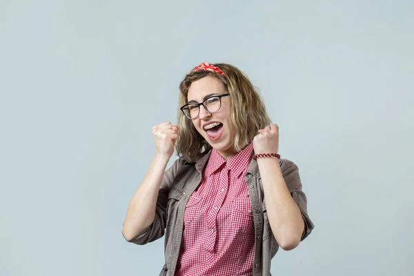 Happy Beautiful Young Blonde Caucasian Girl Wear Glasses Celebrating White — 스톡 사진