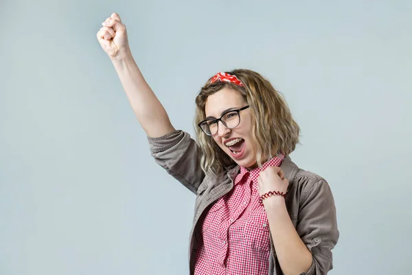 Happy Beautiful Young Blonde Caucasian Girl Wear Glasses Celebrating White — ストック写真