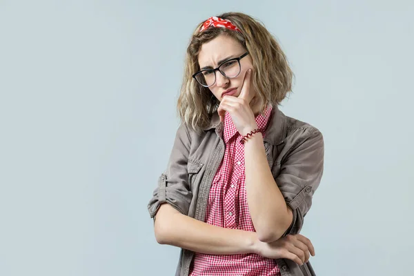 Beautiful Young Blonde Caucasian Girl Wear Glasses Skeptical Face White — Stockfoto