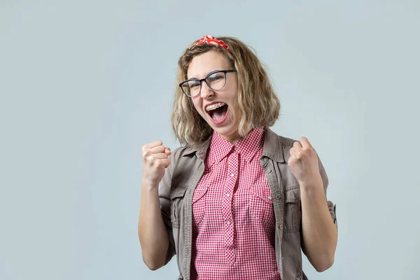 Happy Beautiful Young Blonde Caucasian Girl Wear Glasses Celebrating White — 스톡 사진