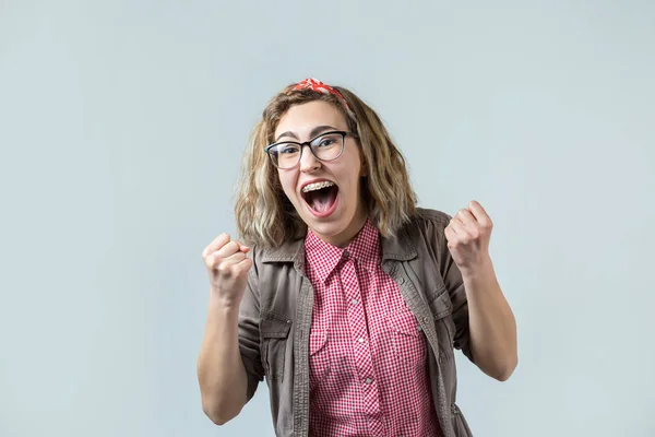 Happy Beautiful Young Blonde Caucasian Girl Wear Glasses Celebrating White — 스톡 사진