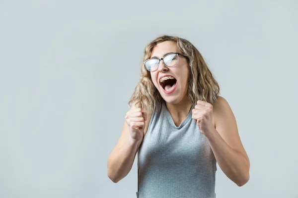 Beautiful Young Blonde Caucasian Girl Wear Glasses Celebrating Screaming White — 스톡 사진