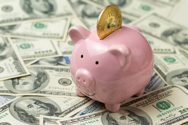 Свиная копилка на фоне 100 долларовых купюр и физических монет биткойнов. Концепция богатства и обмена.