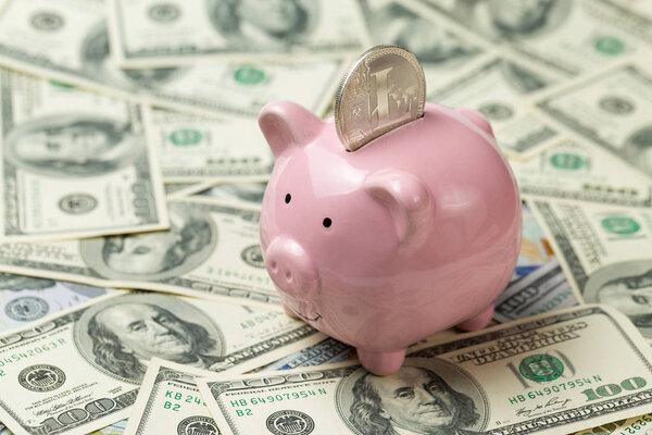 Свиная копилка на фоне 100 долларовых купюр и физических монет биткойнов. Концепция богатства и обмена.