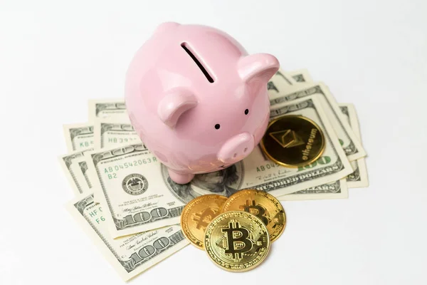 100 Dolarlık Banknotların Bitcoin Madeni Paralarının Arka Planında Domuz Kumbarası — Stok fotoğraf